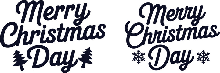 Festive Merry Christmas Day lettering set with script font, trees, and snowflake icons vector