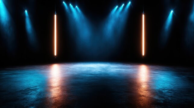 An enigmatic stage scene adorned with blue lighting effects, creating an immersive atmosphere ideal for performances, signifying innovation and theatrical sophistication.
