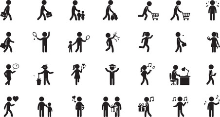 Collection of black stick figure icons representing various human activities people activity
