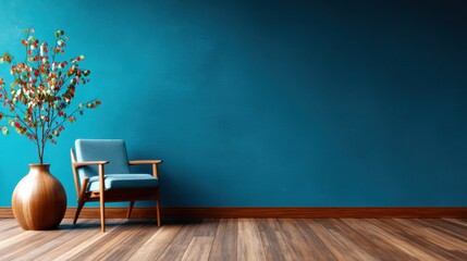A stylish interior showcasing a teal wall complemented by a wooden chair and a decorative plant, creating a relaxed, modern aesthetic perfect for personal retreats.