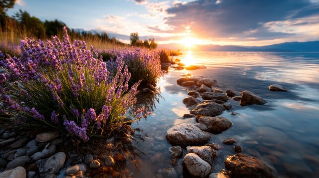 Lavender blooms along the serene shoreline of a lake during sunset, creating a tranquil and picturesque scene that evokes feelings of peace and serenity in nature's beauty.