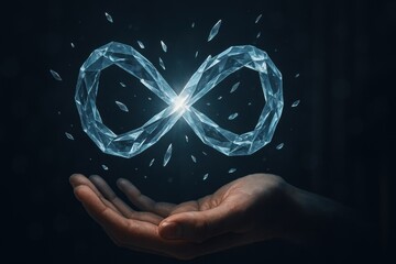 Hand presenting glass infinity loop with glowing center and shards symbolizing unlimited digital potential
