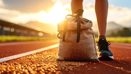 Runner Standing with Sack on Track at Sunset with Scattered Seeds