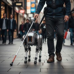 Obraz premium The Future of Mobility: Advanced Robotic Guide Dog Assisting a Visually Impaired Person on a Busy City Street