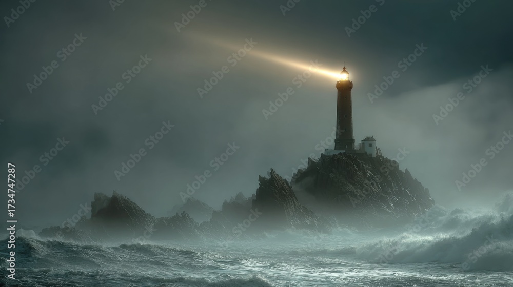 Wall mural a striking photo of a lonely lighthouse on steep rocks, piercing the thick fog with a beam of light,