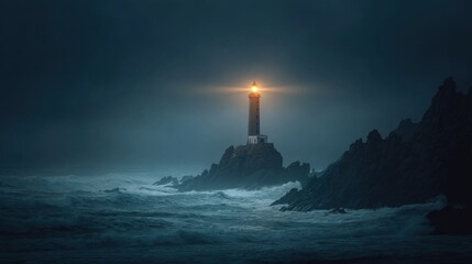 A striking photo of a lonely lighthouse on steep rocks, piercing the thick fog with a beam of light, with dramatic waves crashing below, a dark romantic atmosphere
