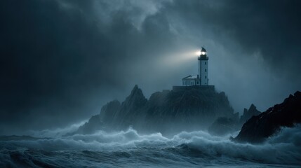A striking photo of a lonely lighthouse on steep rocks, piercing the thick fog with a beam of light, with dramatic waves crashing below, a dark romantic atmosphere
