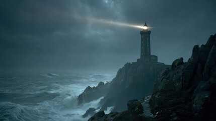 A striking photo of a lonely lighthouse on steep rocks, piercing the thick fog with a beam of light, with dramatic waves crashing below, a dark romantic atmosphere
