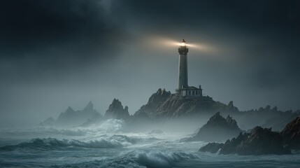 A striking photo of a lonely lighthouse on steep rocks, piercing the thick fog with a beam of light, with dramatic waves crashing below, a dark romantic atmosphere
