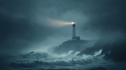 A striking photo of a lonely lighthouse on steep rocks, piercing the thick fog with a beam of light, with dramatic waves crashing below, a dark romantic atmosphere
