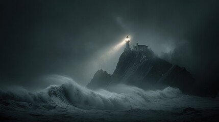 A striking photo of a lonely lighthouse on steep rocks, piercing the thick fog with a beam of light, with dramatic waves crashing below, a dark romantic atmosphere
