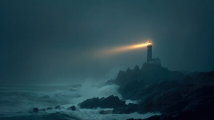 A striking photo of a lonely lighthouse on steep rocks, piercing the thick fog with a beam of light, with dramatic waves crashing below, a dark romantic atmosphere
