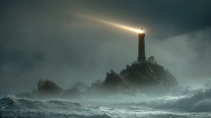 A striking photo of a lonely lighthouse on steep rocks, piercing the thick fog with a beam of light, with dramatic waves crashing below, a dark romantic atmosphere
