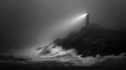 A striking photo of a lonely lighthouse on steep rocks, piercing the thick fog with a beam of light, with dramatic waves crashing below, a dark romantic atmosphere
