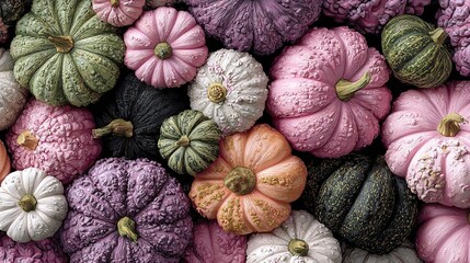   A group of diverse pumpkins stacked atop one another in a multicolored pile