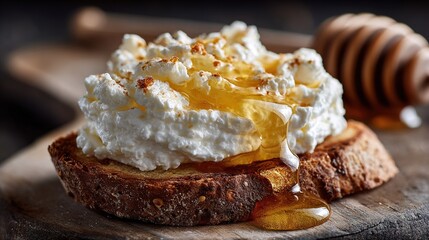   Wooden board, cream, honey, bread