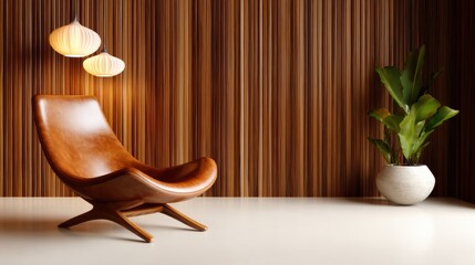 A stylish armchair placed elegantly in a modern interior setting, featuring wooden wall accents and warm lighting, conveying a sense of comfort and contemporary design.
