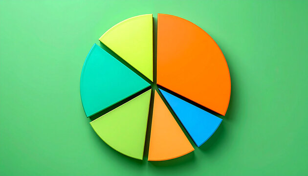 Top-down view of 6 segment pie chart, clean and colorful. Data visualization and infographic design