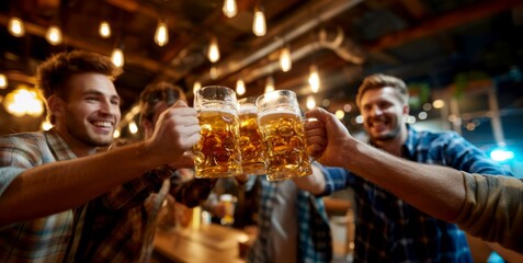 Oktoberfest. Celebration with friends holding beer mugs. Social gathering and joyful cheers among four men in warm cozy atmosphere.
