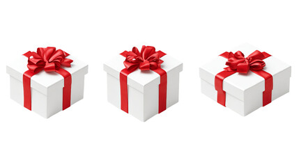 Obraz premium Three white gift boxes with red ribbon isolated on a transparent background