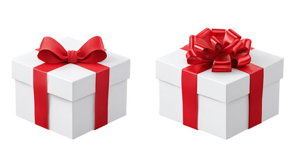 Two white gift boxes with red ribbon isolated on a transparent background