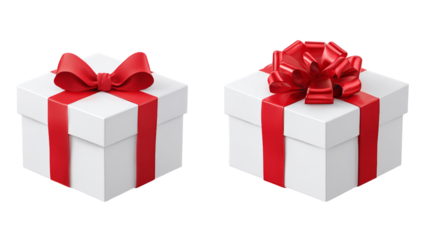 Two white gift boxes with red ribbon isolated on a transparent background