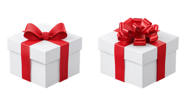 Two white gift boxes with red ribbon isolated on a transparent background