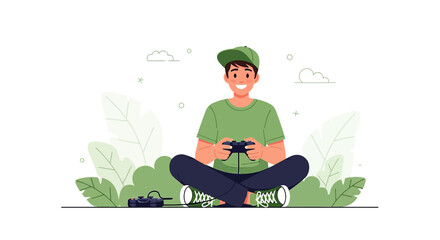 Joyful young man engrossed in video games while relaxing outdoors surrounded by nature