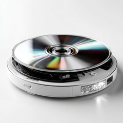 Portable CD Player with Disc on Top, White Background, Close-up