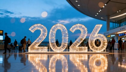 Glowing illuminated numbers 2026 at airport hall with travelers walking in background, symbolizing new beginnings, journeys, celebration of the upcoming year, and hope for progress and transitions.