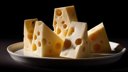   Stacked cheese on white plate against black backdrop