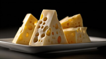   A black table with two white plates, each featuring sliced cheese