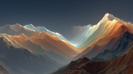   A painting of a mountain range with a rainbow of light emanating from the peak