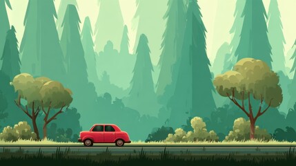 a red car driving on the road in a forest, in a simple, flat illustration style. the scene features green grass and trees around, with bright daylight. the style is minimalistic, with simple shape