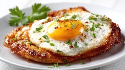 Sunny Side Up Egg on Bread with Parsley and Chili Flakes on White Plate