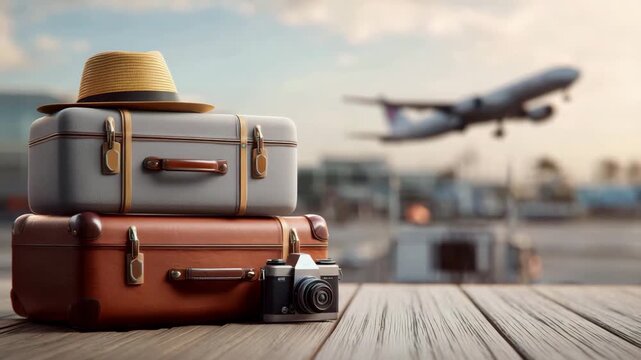 stack of travel suitcases with hat and camera at airport with airplane taking off vacation journey tourism adventure concept luggage ready to fly
