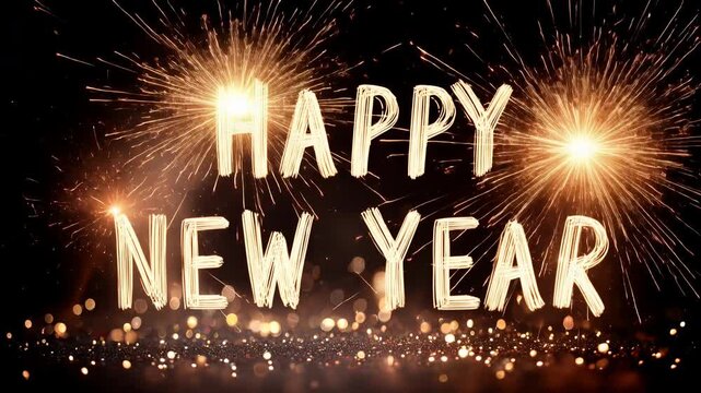 Vibrant golden sparklers illuminate the 'Happy New Year' message, creating a magical atmosphere perfect for welcoming a fresh start and joyous seasonal festivities.Sparkling 'Happy New Year' script