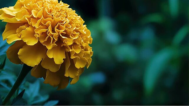 Close up of a vibrant yellow marigold flower in bloom