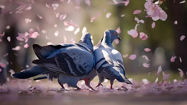 Two pigeons share food in a park during cherry blossom season