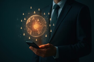 Businessman holding smartphone with glowing holographic globe showing digital people connections