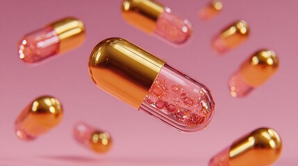   Close-up image of pink-and-gold pill surrounded by gold pills on pink background