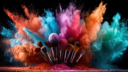 A spectacular burst of vibrant color emanates from a group of cosmetic brushes surrounded by playful powder clouds, capturing the artistry and excitement of makeup application.