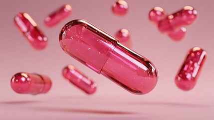   A pink pill, surrounded by pink pills, flies in front of a pink background