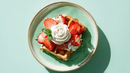   White plate topped with waffles, whipped cream, strawberries, on blue table