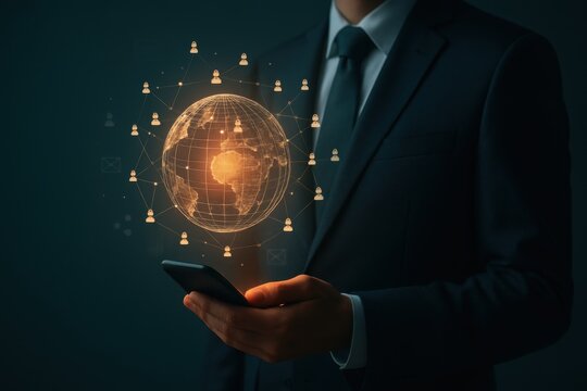Businessman holding smartphone with glowing holographic globe showing digital people connections

