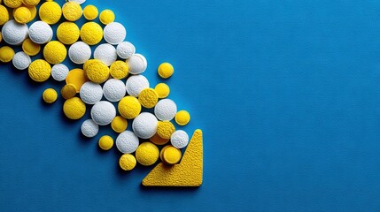   A collection of yellow and white tablets resting atop a blue background alongside a yellow and white pointer