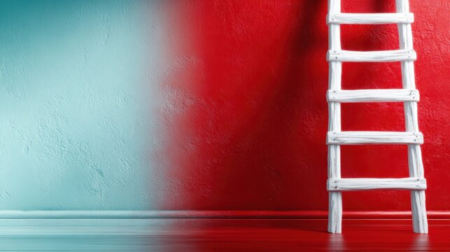 This image showcases a creative color contrast with a white ladder leaning against vibrant walls, emphasizing bold design choices in contemporary spaces.