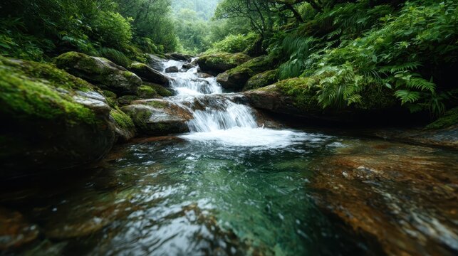 This beautiful image captures the serene flow of water in a forest stream, surrounded by lush greenery and moss-covered rocks, creating a tranquil and refreshing atmosphere.