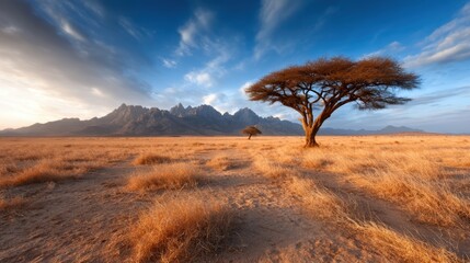 This stunning image captures a solitary acacia tree in an expansive desert landscape, framed by rocky mountains under a dramatic cloud-filled sky at sunset.