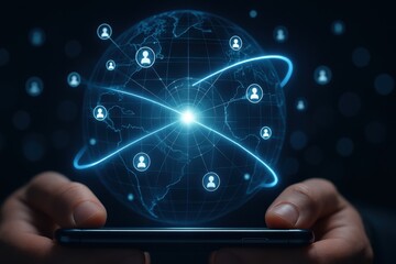 Smartphone with holographic glowing globe and people connection icons in futuristic network